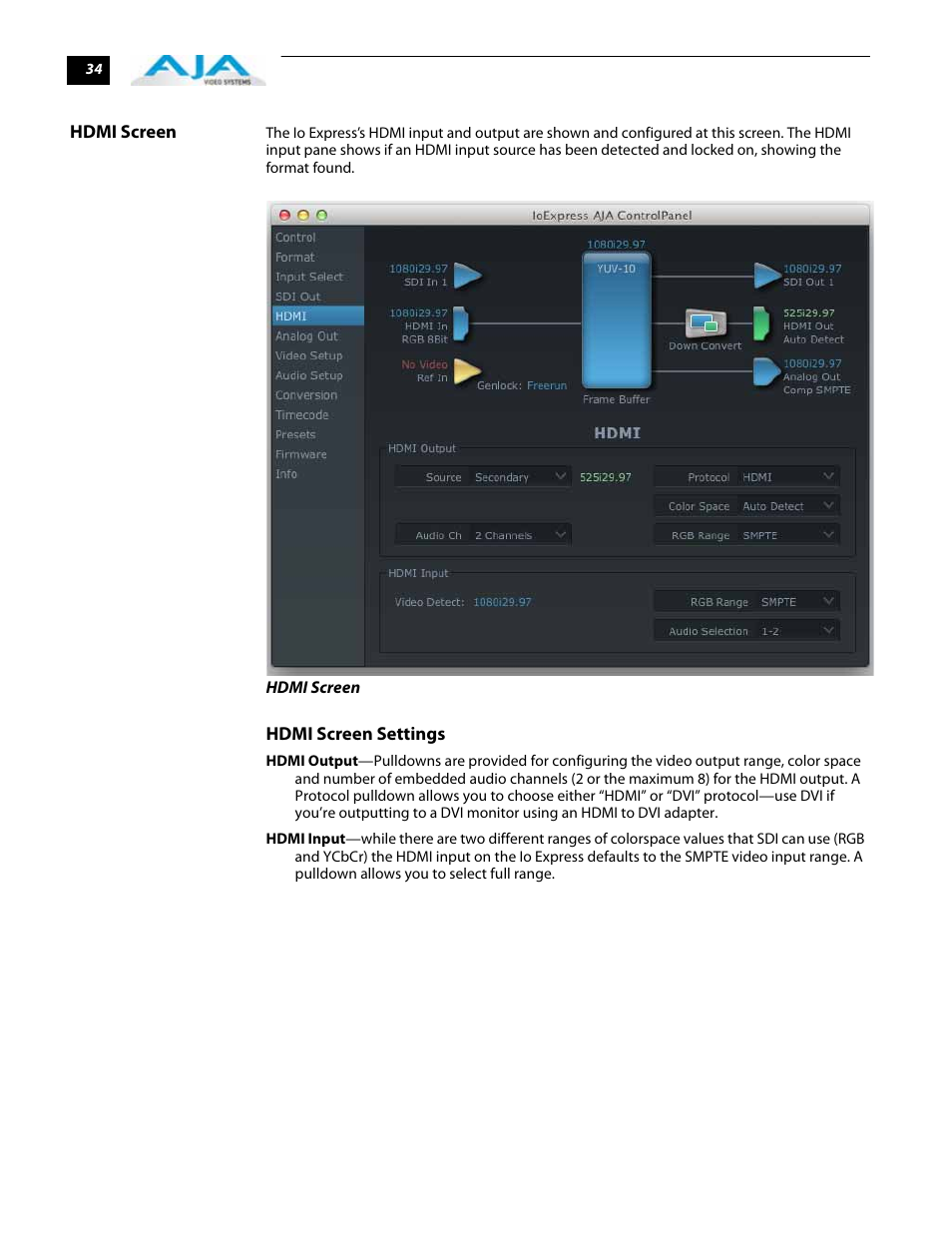 Hdmi screen | AJA IoExpress User Manual | Page 40 / 68