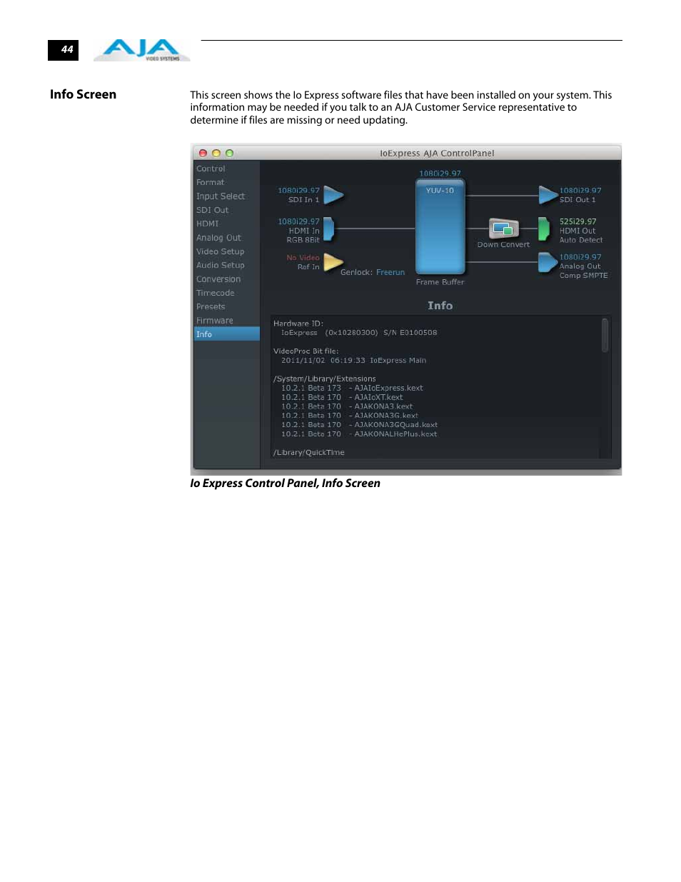 Info screen | AJA IoExpress User Manual | Page 50 / 68