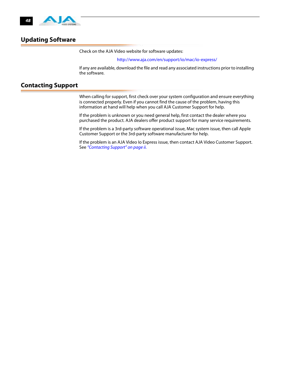 Updating software, Contacting support, Updating software contacting support | AJA IoExpress User Manual | Page 54 / 68