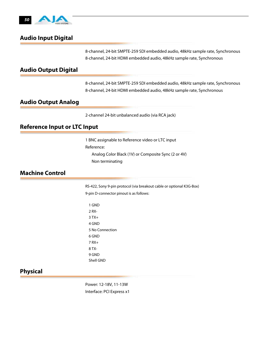 Audio input digital, Audio output digital, Audio output analog | Reference input or ltc input, Machine control, Physical | AJA IoExpress User Manual | Page 56 / 68