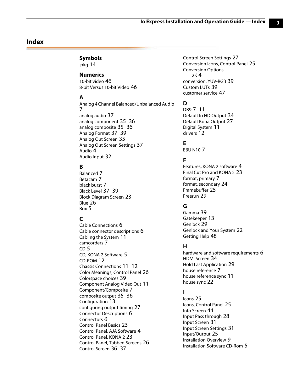 Index, Symbols, Numerics | AJA IoExpress User Manual | Page 65 / 68