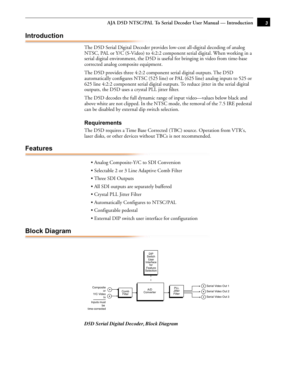Introduction, Features, Block diagram | AJA D5D User Manual | Page 3 / 6