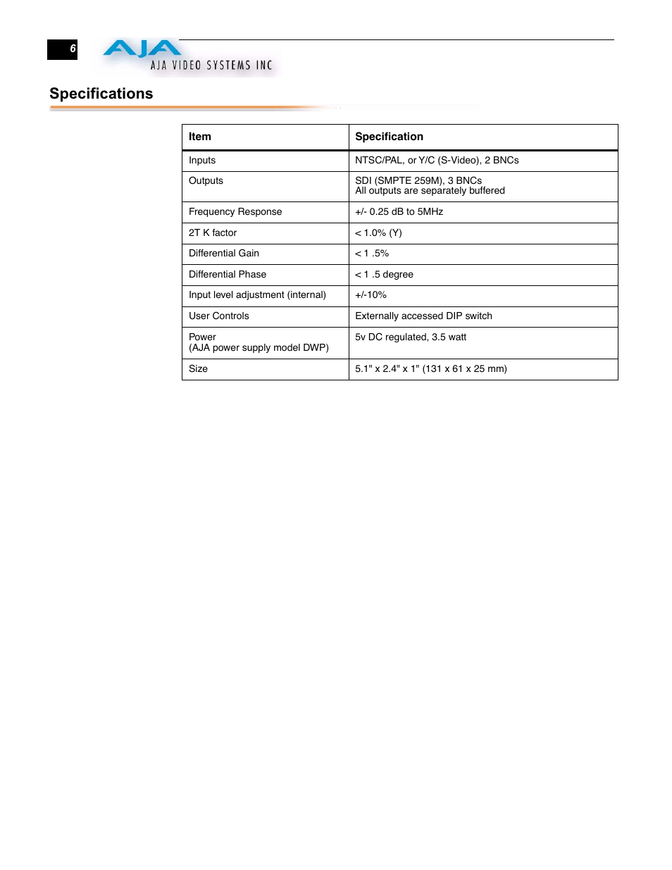 Specifications | AJA D5D User Manual | Page 6 / 6