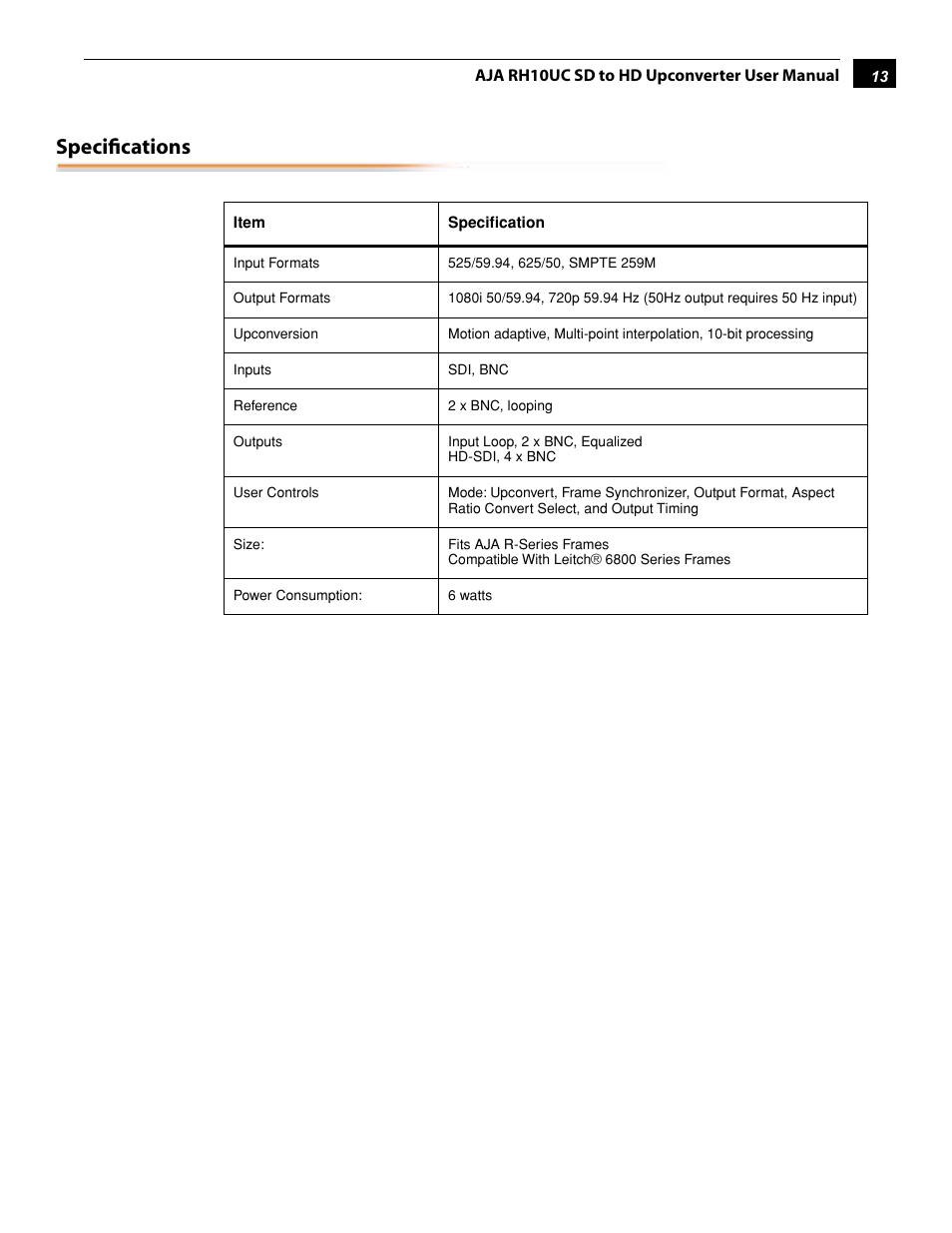 Specifications | AJA RH10UC User Manual | Page 13 / 20