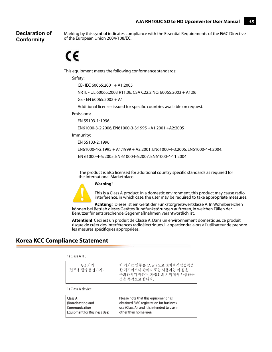 Korea kcc compliance statement | AJA RH10UC User Manual | Page 15 / 20