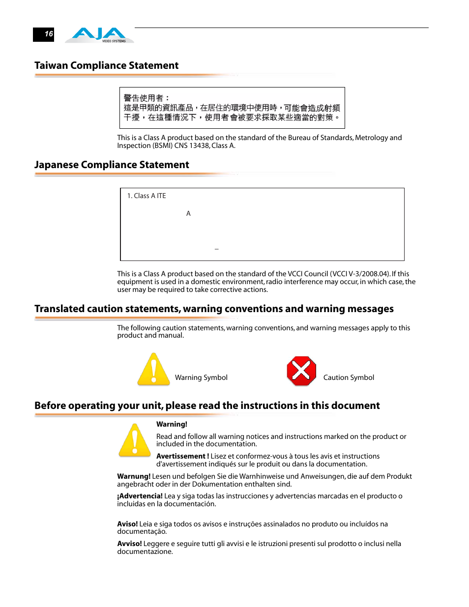Taiwan compliance statement, Japanese compliance statement | AJA RH10UC User Manual | Page 16 / 20