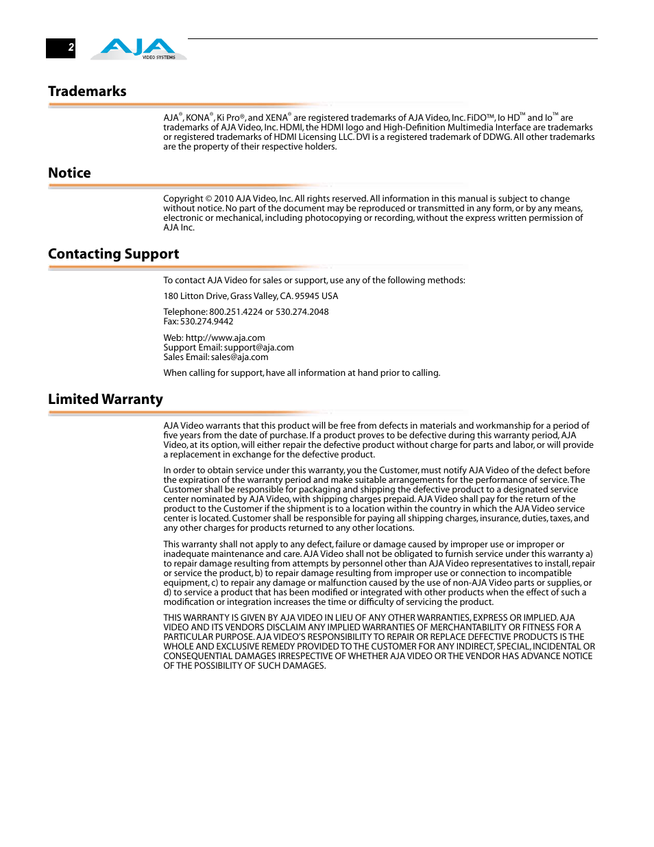 Trademarks, Notice, Contacting support | Limited warranty | AJA RH10UC User Manual | Page 2 / 20