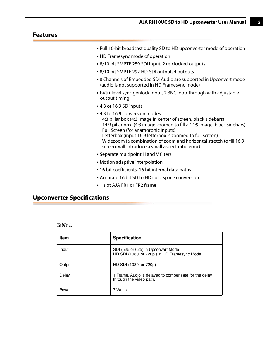 Features, Upconverter specifications | AJA RH10UC User Manual | Page 3 / 20