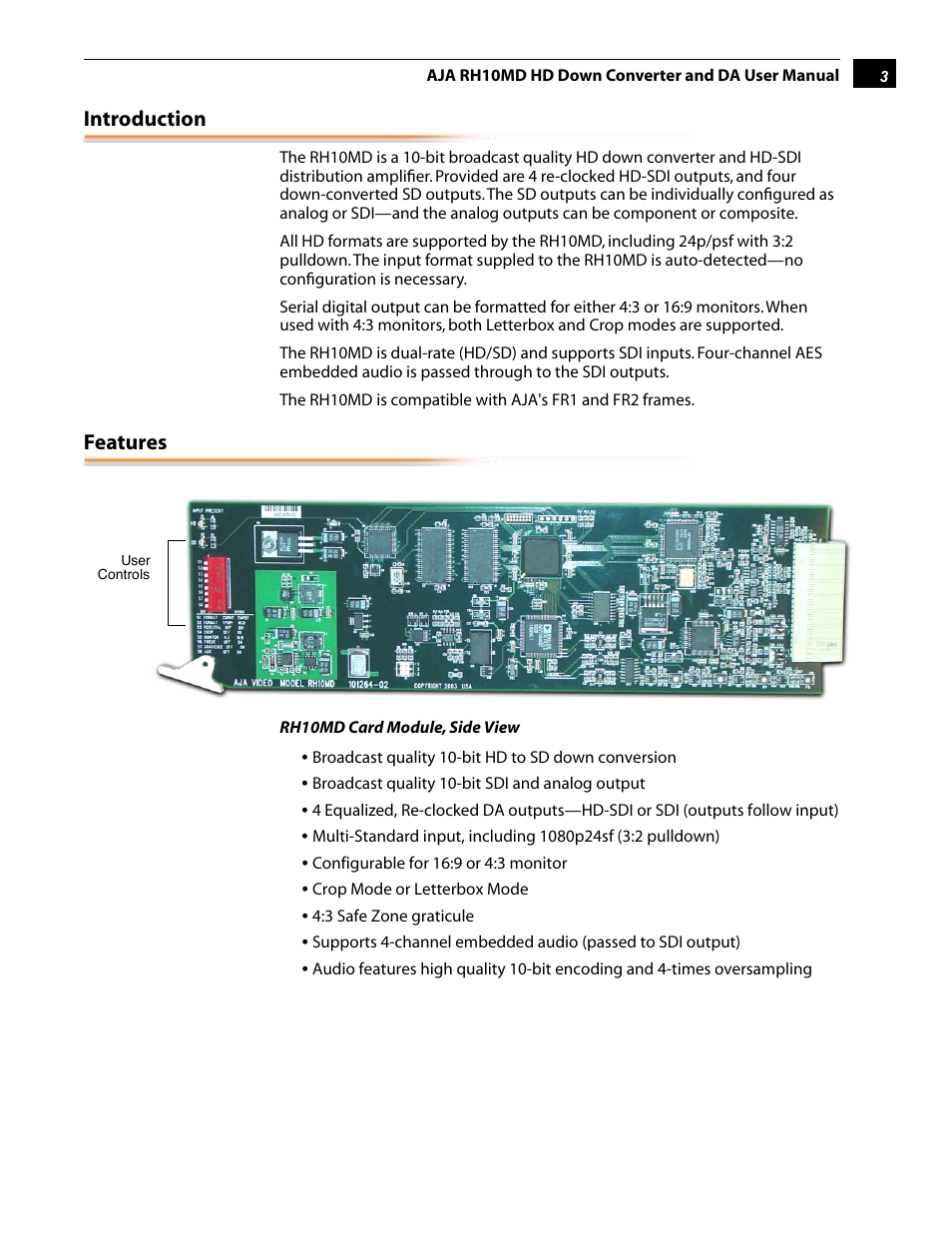 Introduction, Features | AJA RH10MD User Manual | Page 3 / 16