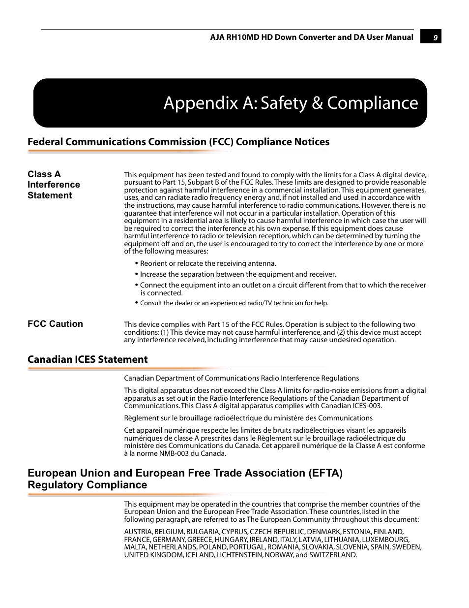 Appendix a: safety & compliance | AJA RH10MD User Manual | Page 9 / 16