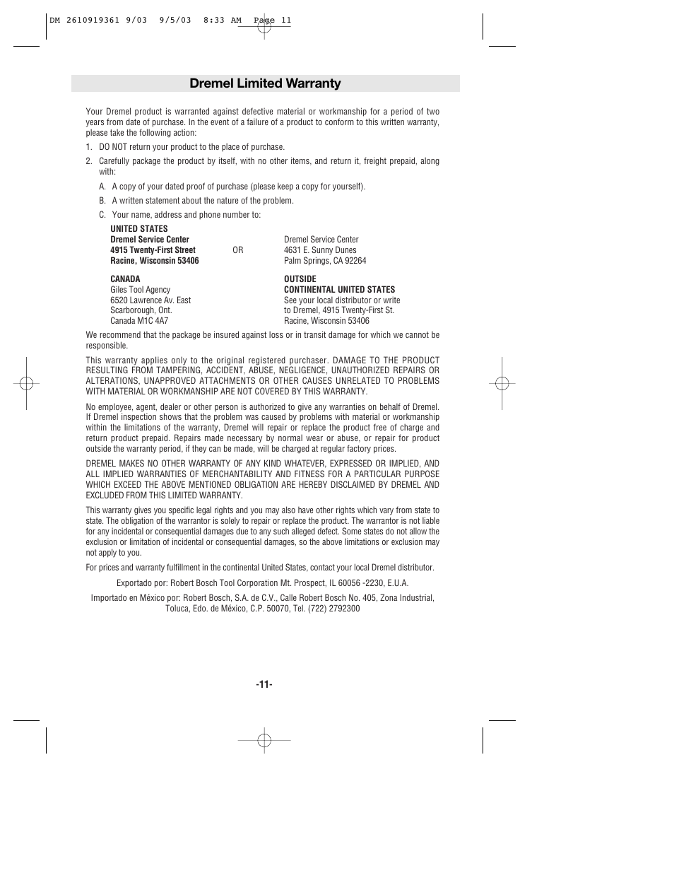 Dremel limited warranty | Bosch 6000 User Manual | Page 11 / 35