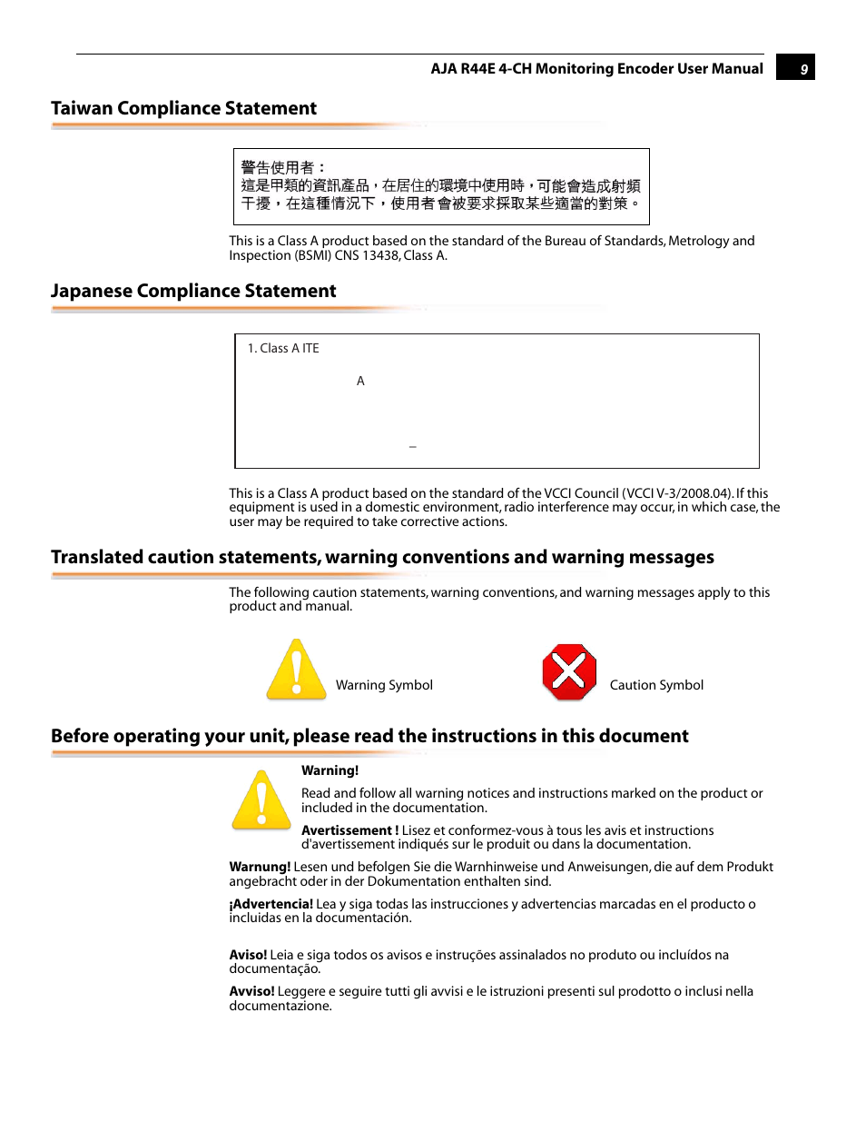 Taiwan compliance statement, Japanese compliance statement | AJA R44E User Manual | Page 9 / 14