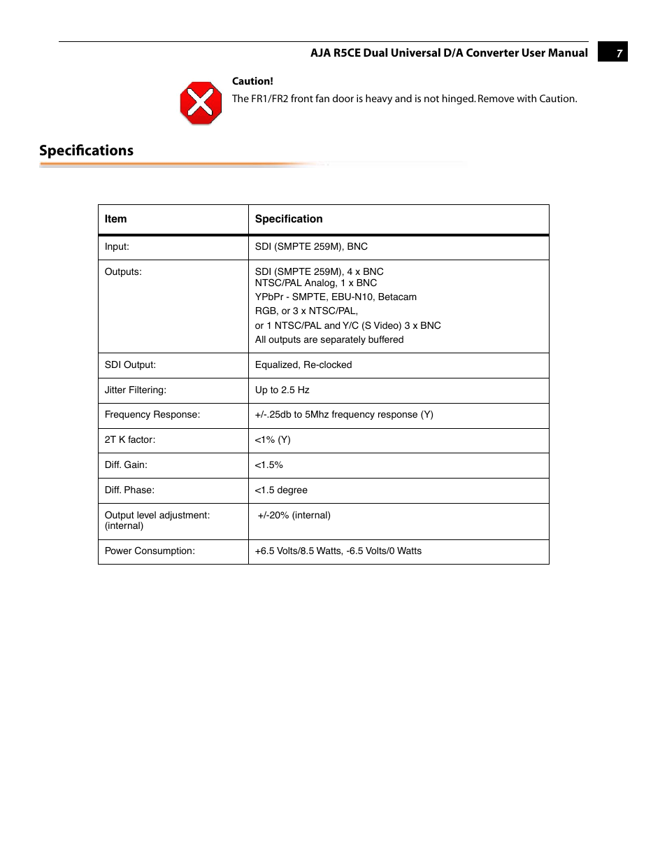 Specifications | AJA R5CE User Manual | Page 7 / 14