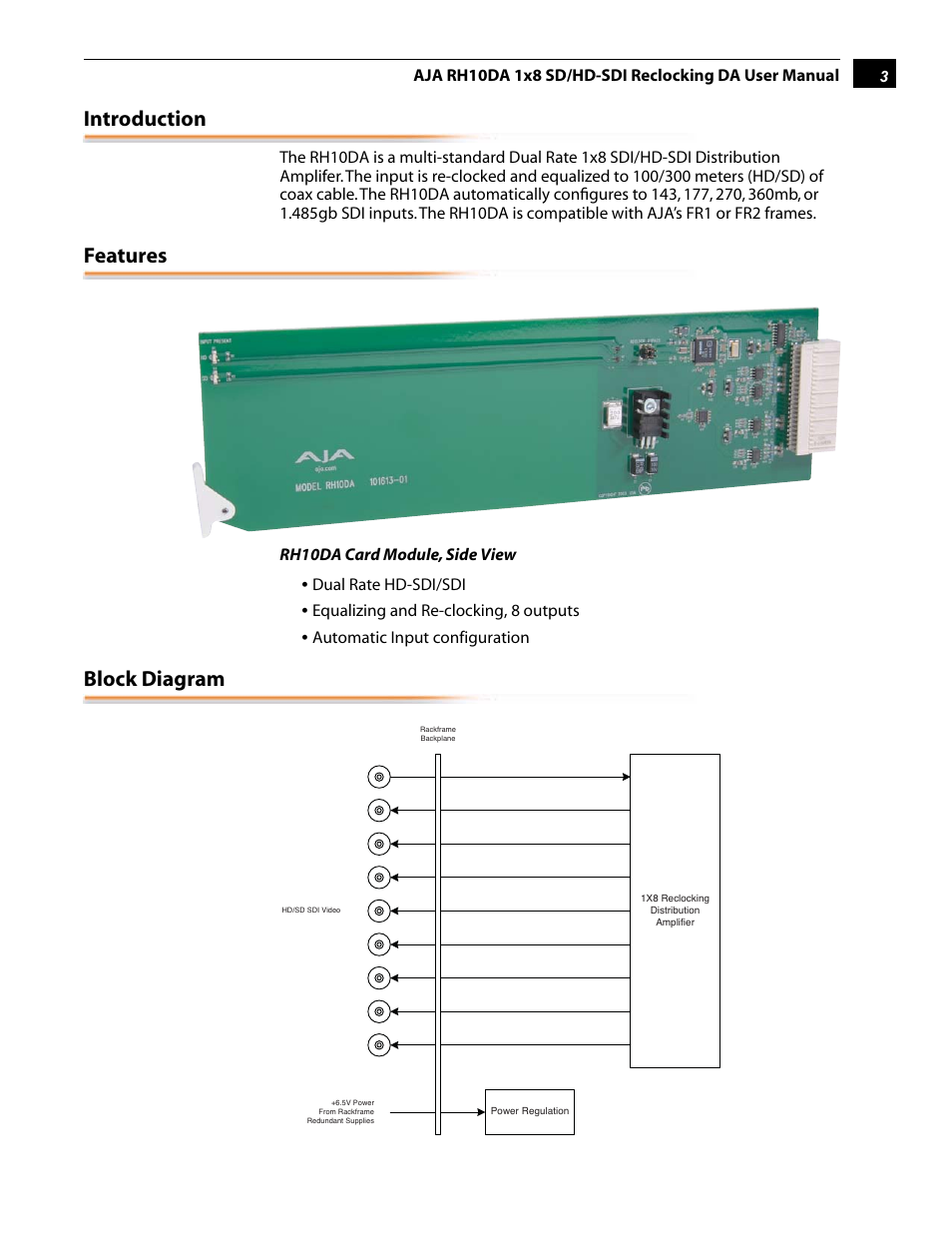 Introduction, Features, Block diagram | AJA RH10DA User Manual | Page 3 / 12