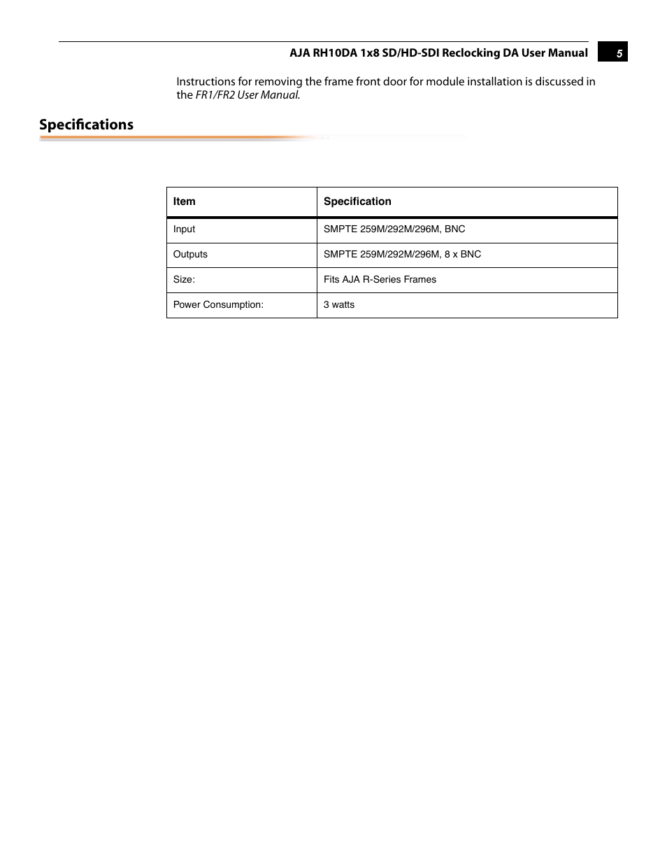 Specifications | AJA RH10DA User Manual | Page 5 / 12