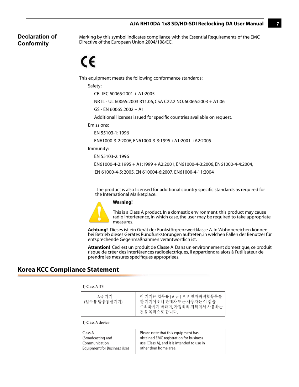 Korea kcc compliance statement | AJA RH10DA User Manual | Page 7 / 12