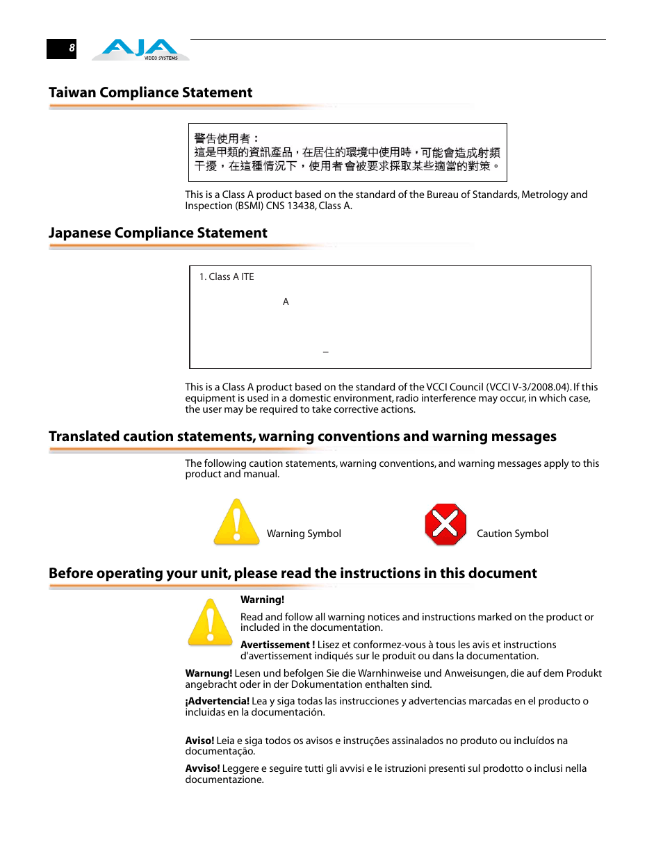 Taiwan compliance statement, Japanese compliance statement | AJA RH10DA User Manual | Page 8 / 12