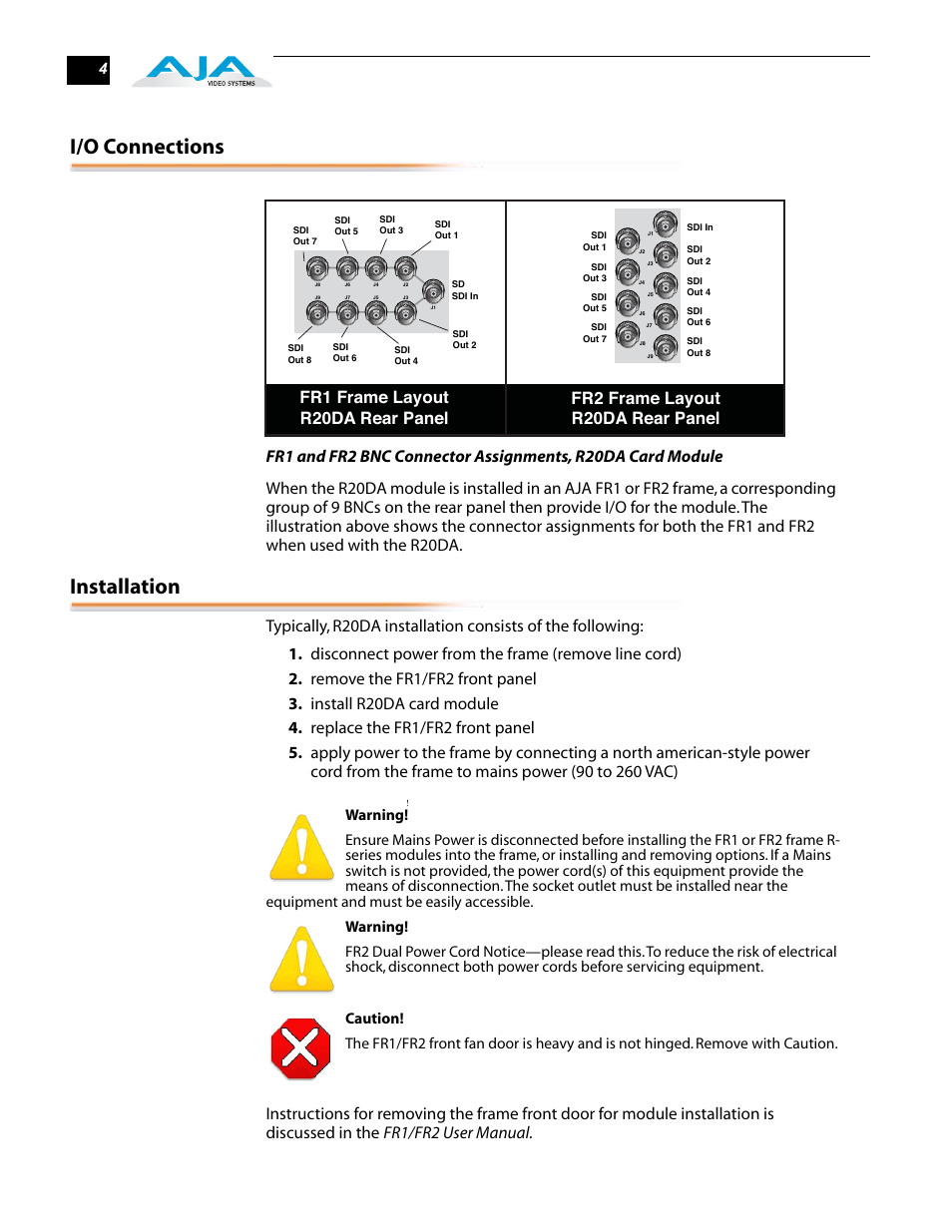 I/o connections, Installation | AJA R20DA User Manual | Page 4 / 12