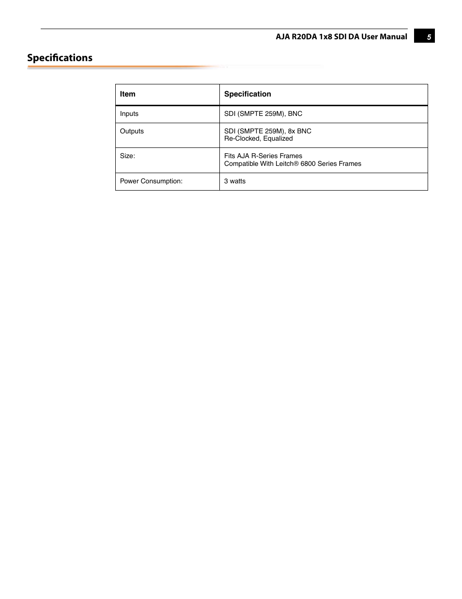 Specifications | AJA R20DA User Manual | Page 5 / 12