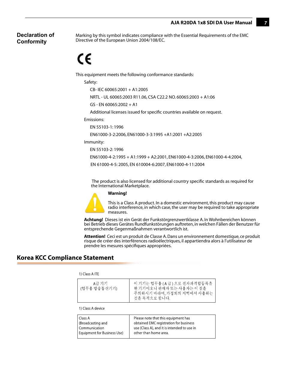 Korea kcc compliance statement | AJA R20DA User Manual | Page 7 / 12