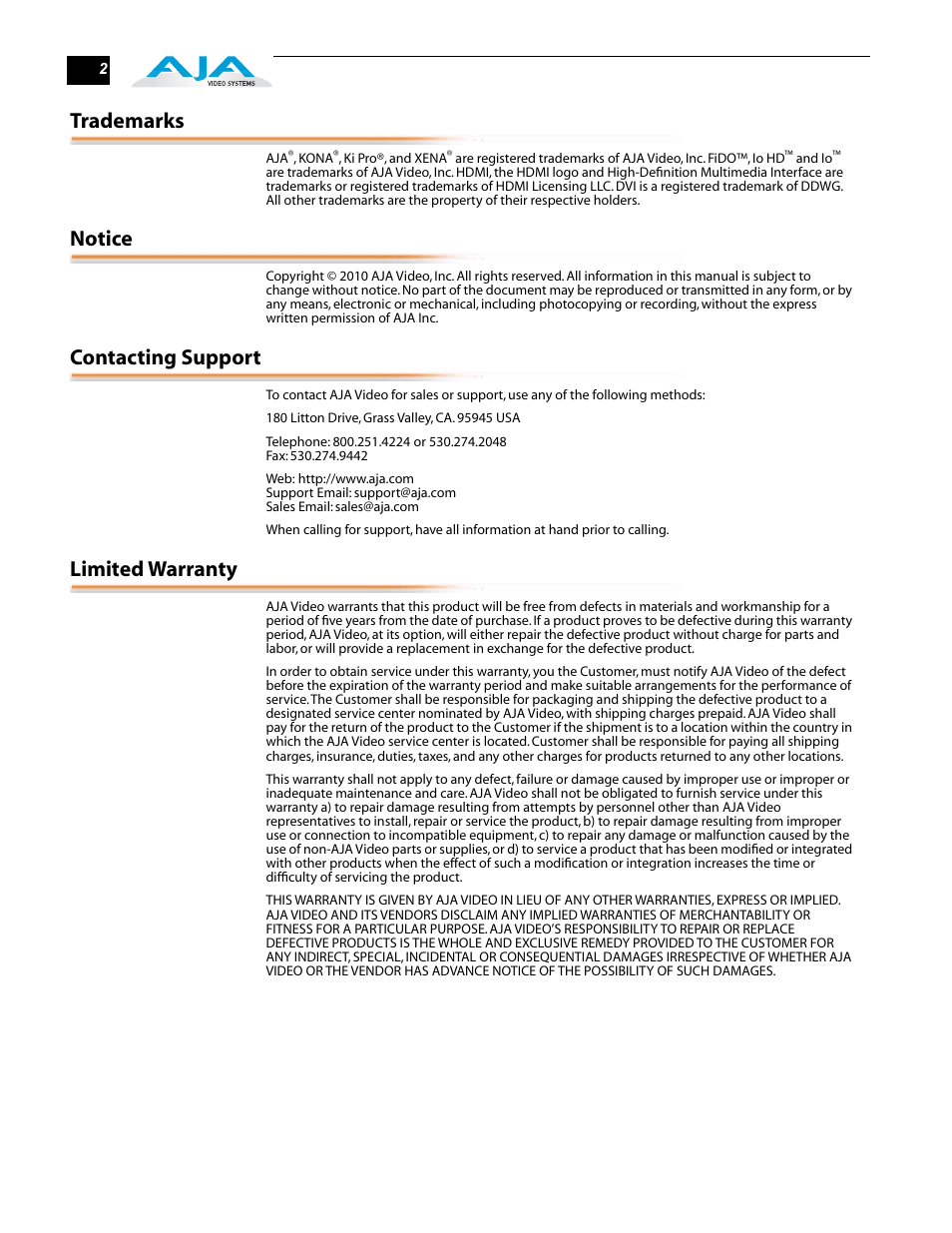 Trademarks, Notice, Contacting support | Limited warranty | AJA RD20DA User Manual | Page 2 / 12