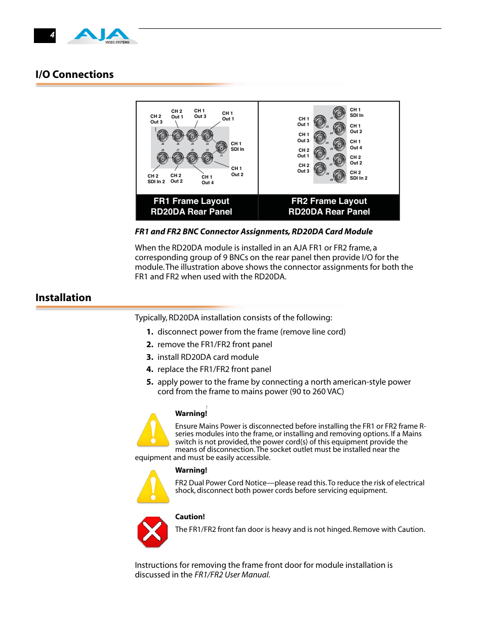 I/o connections, Installation | AJA RD20DA User Manual | Page 4 / 12
