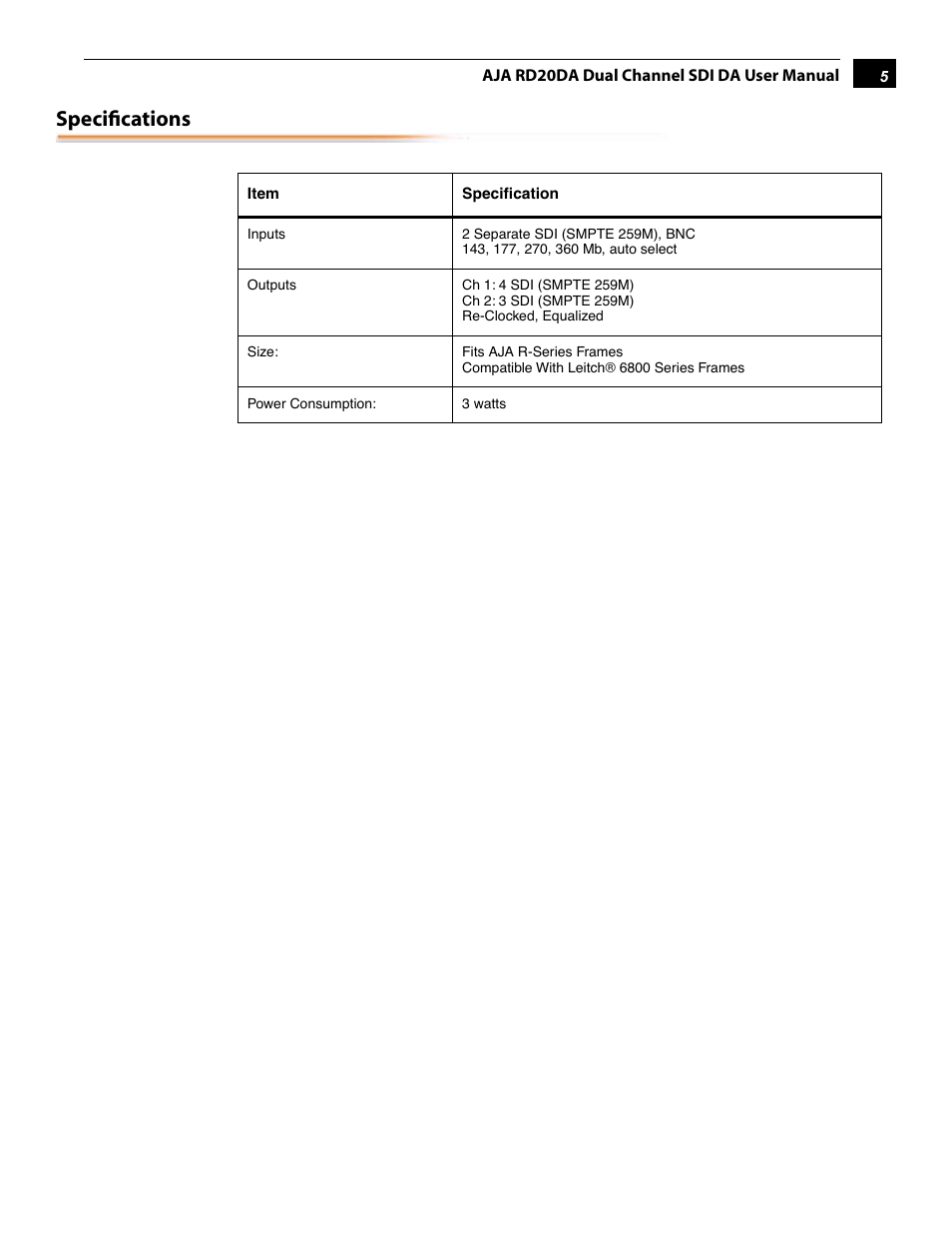 Specifications | AJA RD20DA User Manual | Page 5 / 12