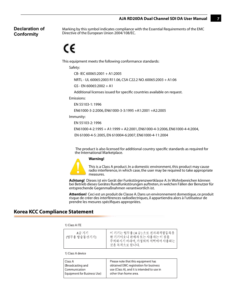 Korea kcc compliance statement | AJA RD20DA User Manual | Page 7 / 12