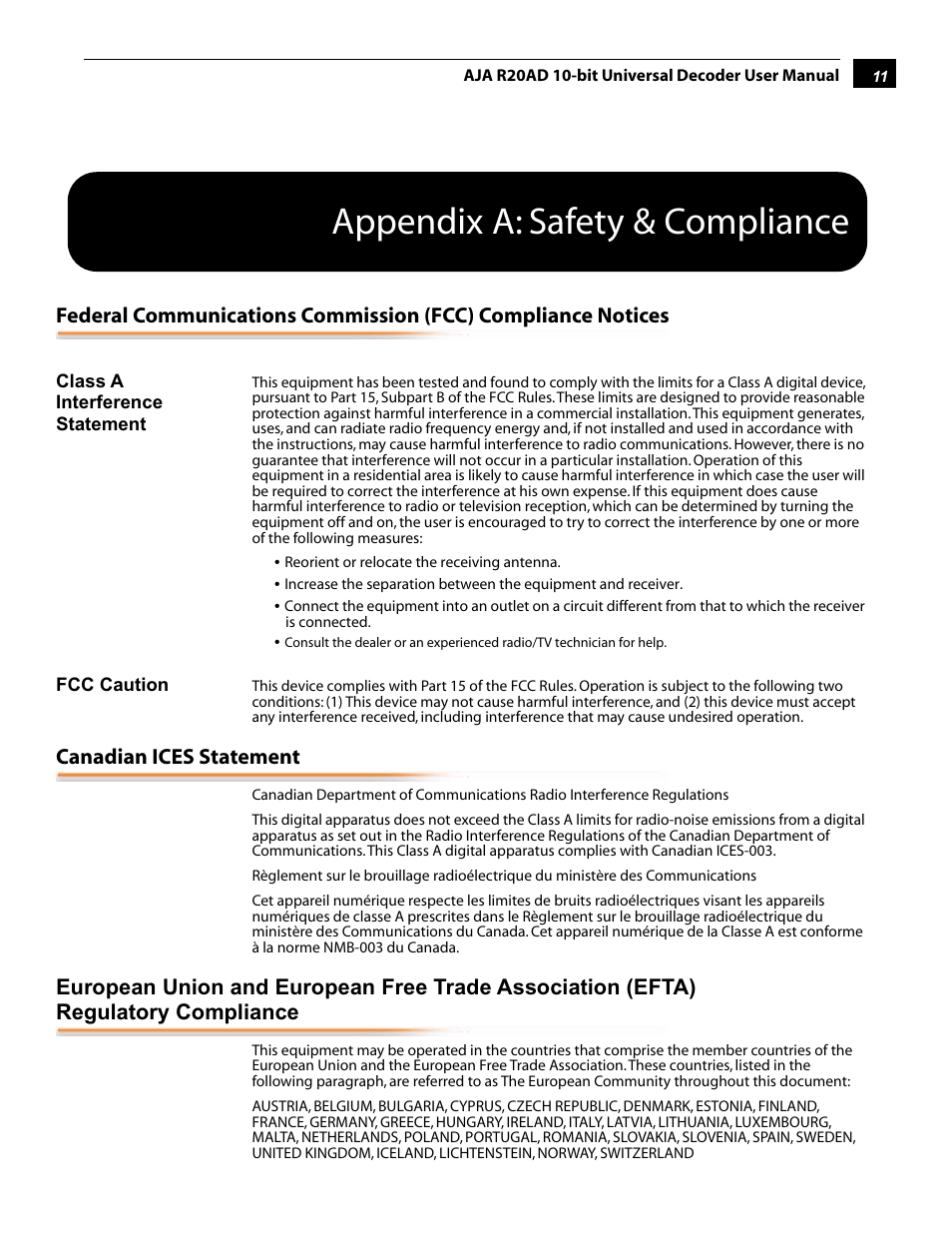 Appendix a: safety & compliance | AJA R20AD User Manual | Page 11 / 18