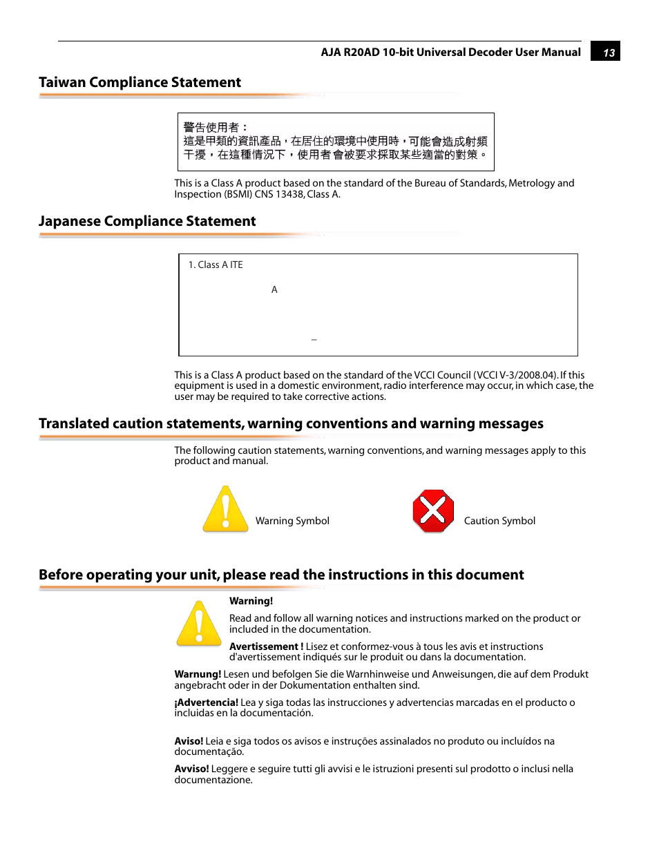 Taiwan compliance statement, Japanese compliance statement | AJA R20AD User Manual | Page 13 / 18