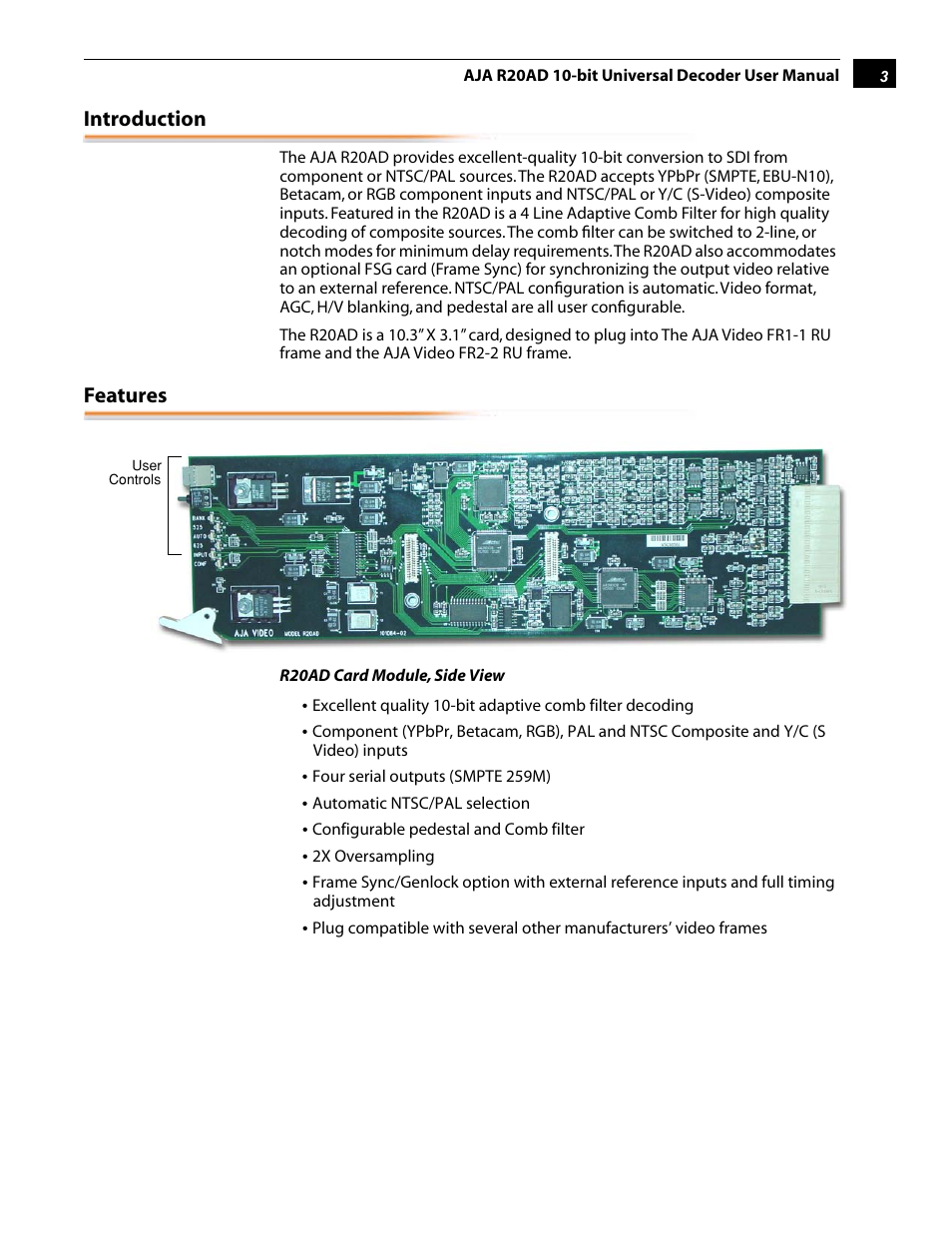 Introduction, Features | AJA R20AD User Manual | Page 3 / 18