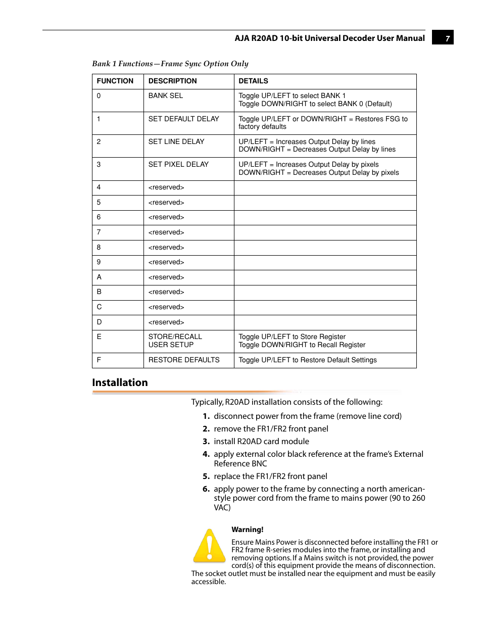 Installation | AJA R20AD User Manual | Page 7 / 18