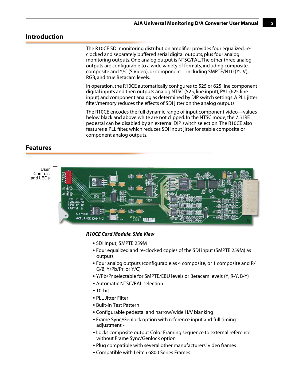 Introduction, Features | AJA R10CE User Manual | Page 3 / 14