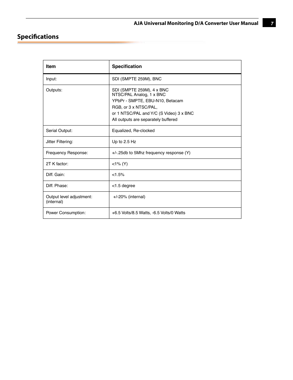 Specifications | AJA R10CE User Manual | Page 7 / 14