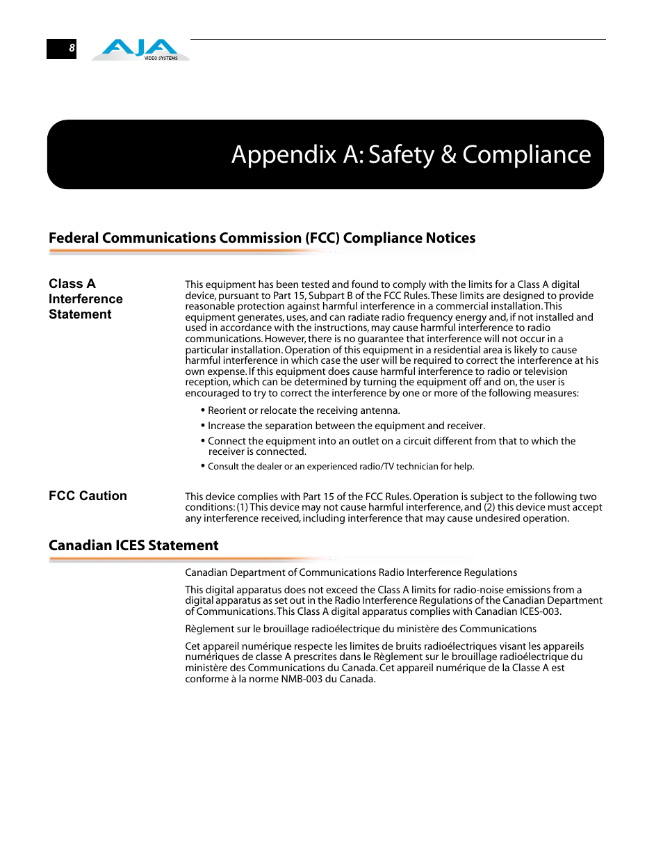 Appendix a: safety & compliance, Canadian ices statement | AJA R10CE User Manual | Page 8 / 14