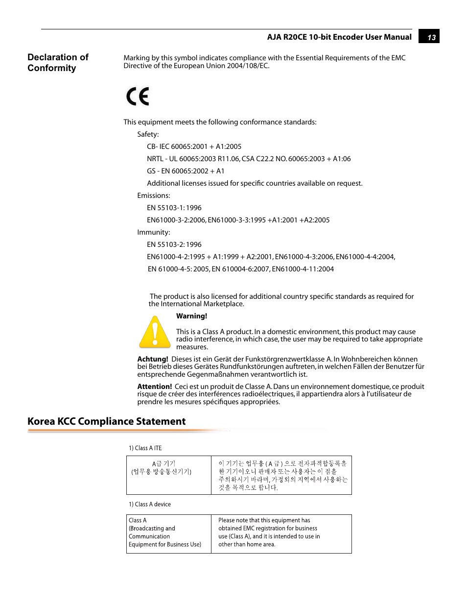 Korea kcc compliance statement | AJA R20CE User Manual | Page 13 / 18