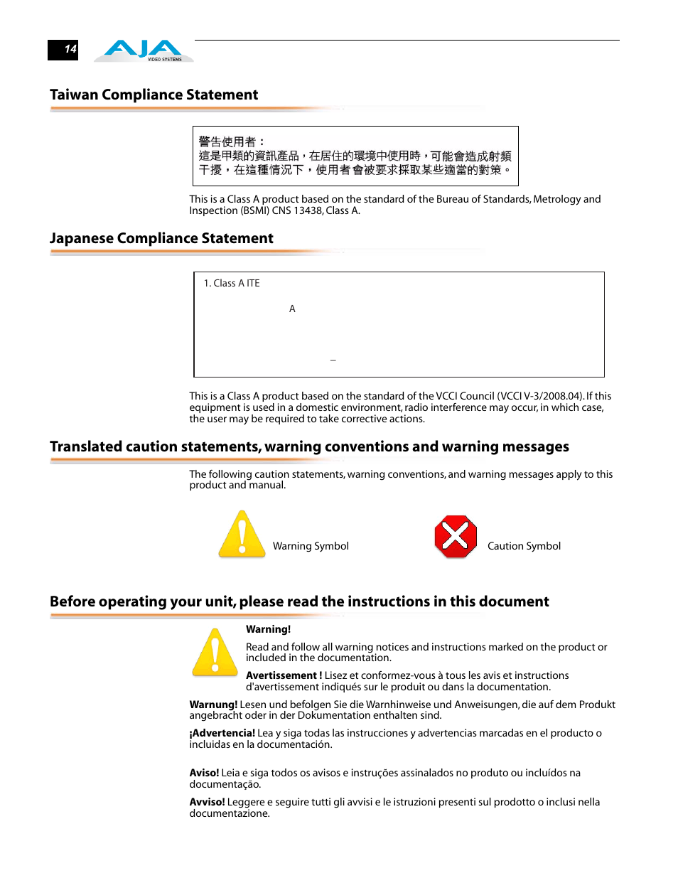 Taiwan compliance statement, Japanese compliance statement | AJA R20CE User Manual | Page 14 / 18