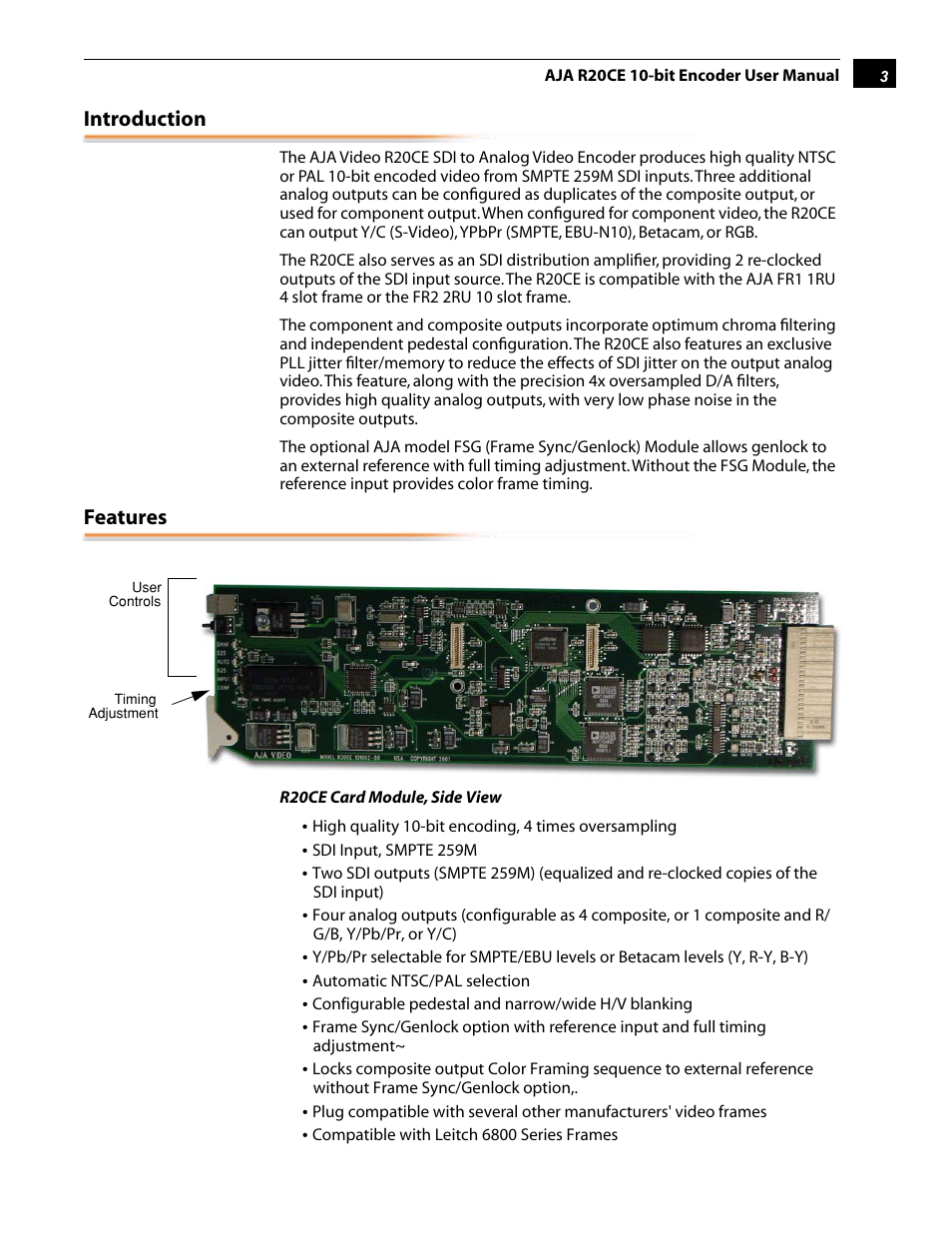 Introduction, Features | AJA R20CE User Manual | Page 3 / 18