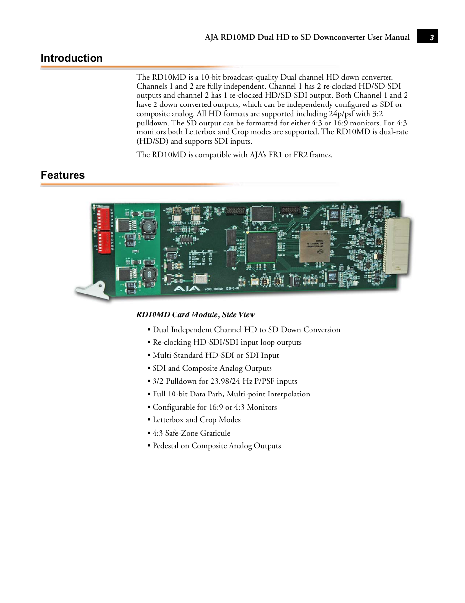 Introduction, Features | AJA RD10MD User Manual | Page 3 / 8