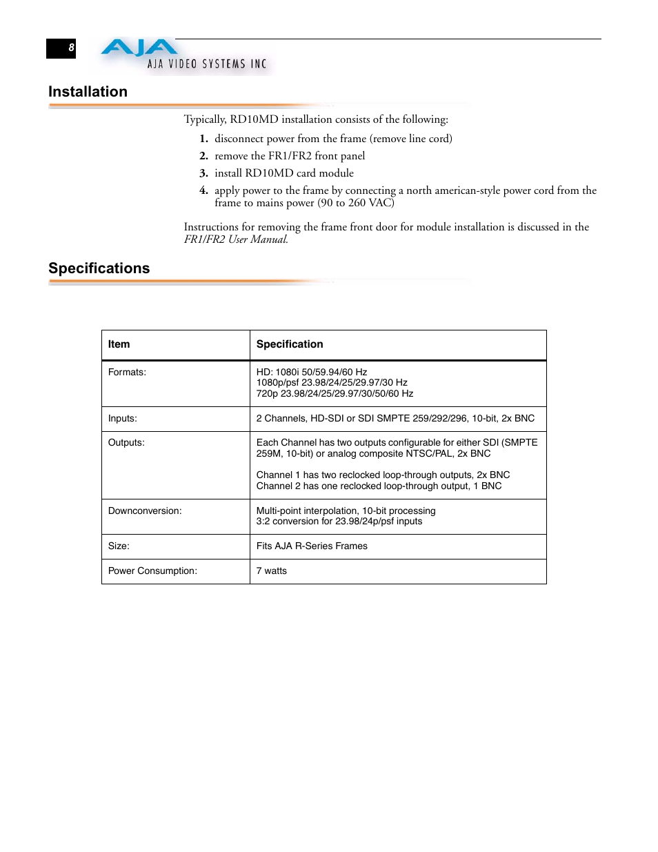 Installation, Specifications | AJA RD10MD User Manual | Page 8 / 8