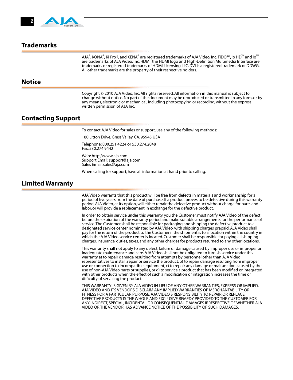 Trademarks, Notice, Contacting support | Limited warranty | AJA RD10MD2 User Manual | Page 2 / 16