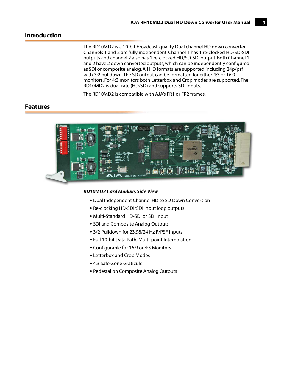 Introduction, Features | AJA RD10MD2 User Manual | Page 3 / 16