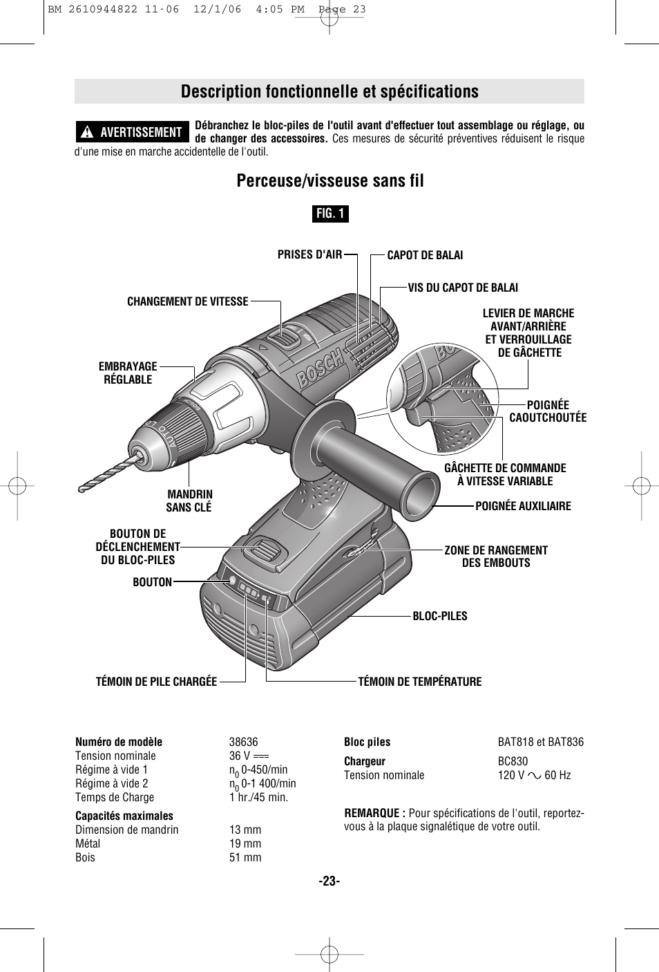 Description fonctionnelle et spécifications, Perceuse/visseuse sans fil | Bosch 38636 User Manual | Page 23 / 48