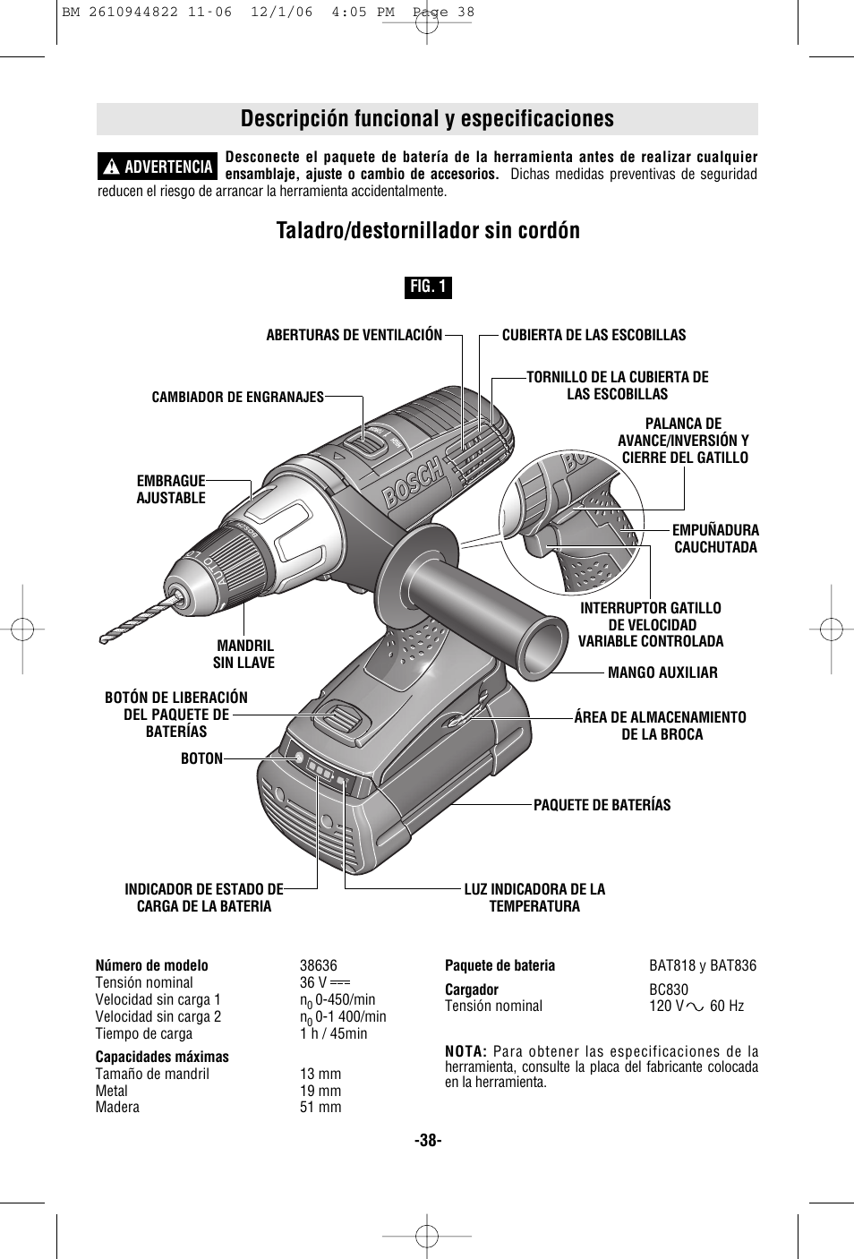 Descripción funcional y especificaciones, Taladro/destornillador sin cordón | Bosch 38636 User Manual | Page 38 / 48