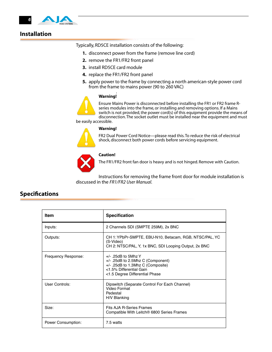 Installation, Specifications | AJA RD5CE User Manual | Page 6 / 14