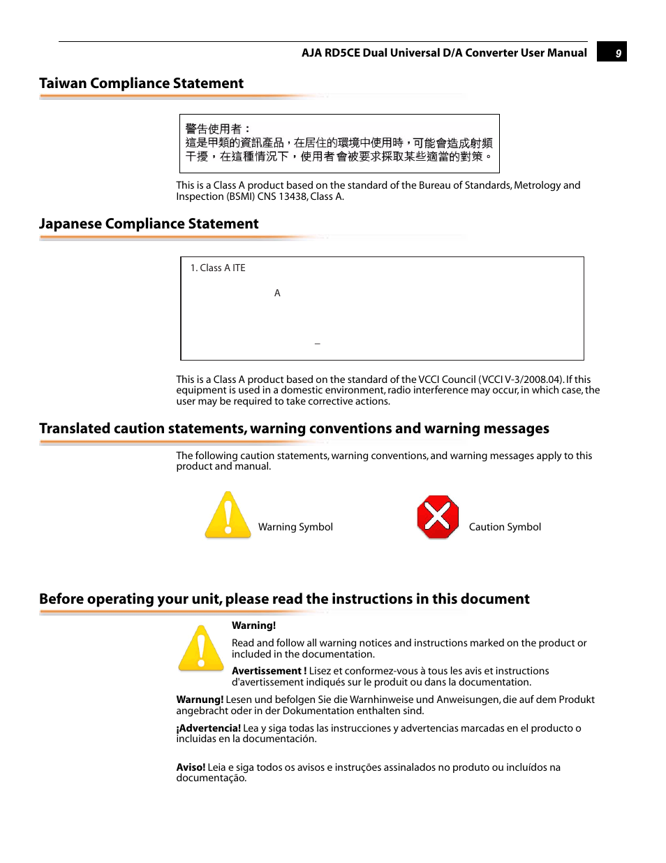 Taiwan compliance statement, Japanese compliance statement | AJA RD5CE User Manual | Page 9 / 14