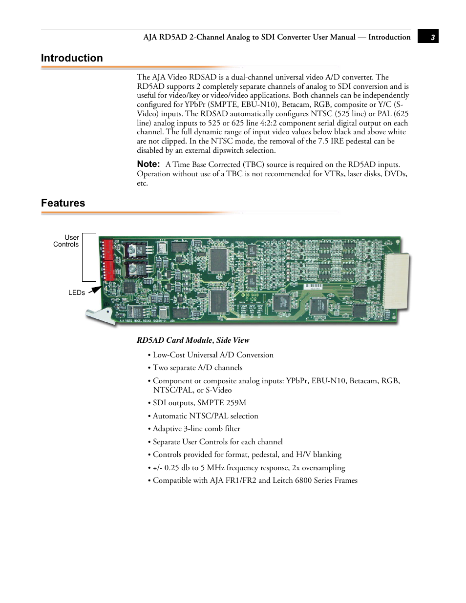 Introduction, Features | AJA RD5AD User Manual | Page 3 / 6