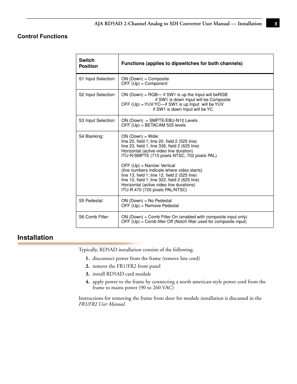 Installation | AJA RD5AD User Manual | Page 5 / 6