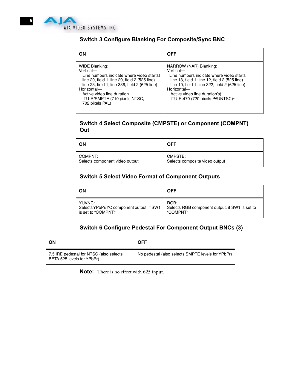 Switch 3 configure blanking for composite/sync bnc, Switch 5 select video format of component outputs | AJA D10CE User Manual | Page 6 / 10