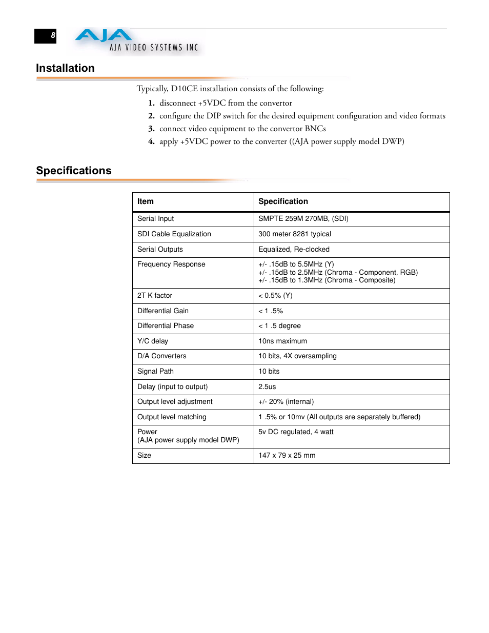 Installation, Specifications | AJA D10CE User Manual | Page 8 / 10